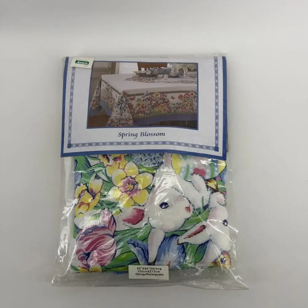 Vtg 80s Bardwil Linens Spring Blossom Tablecloth 60x84 Blue Oblong Easter Bunny